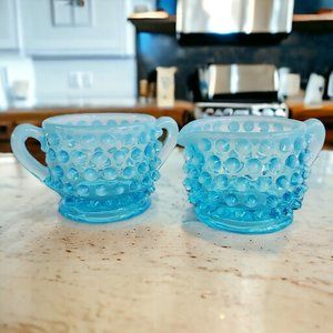 Fenton Creamer Open Sugar Bowl Set MCM Art Glass Mini Hobnail Blue Opalescent 2"